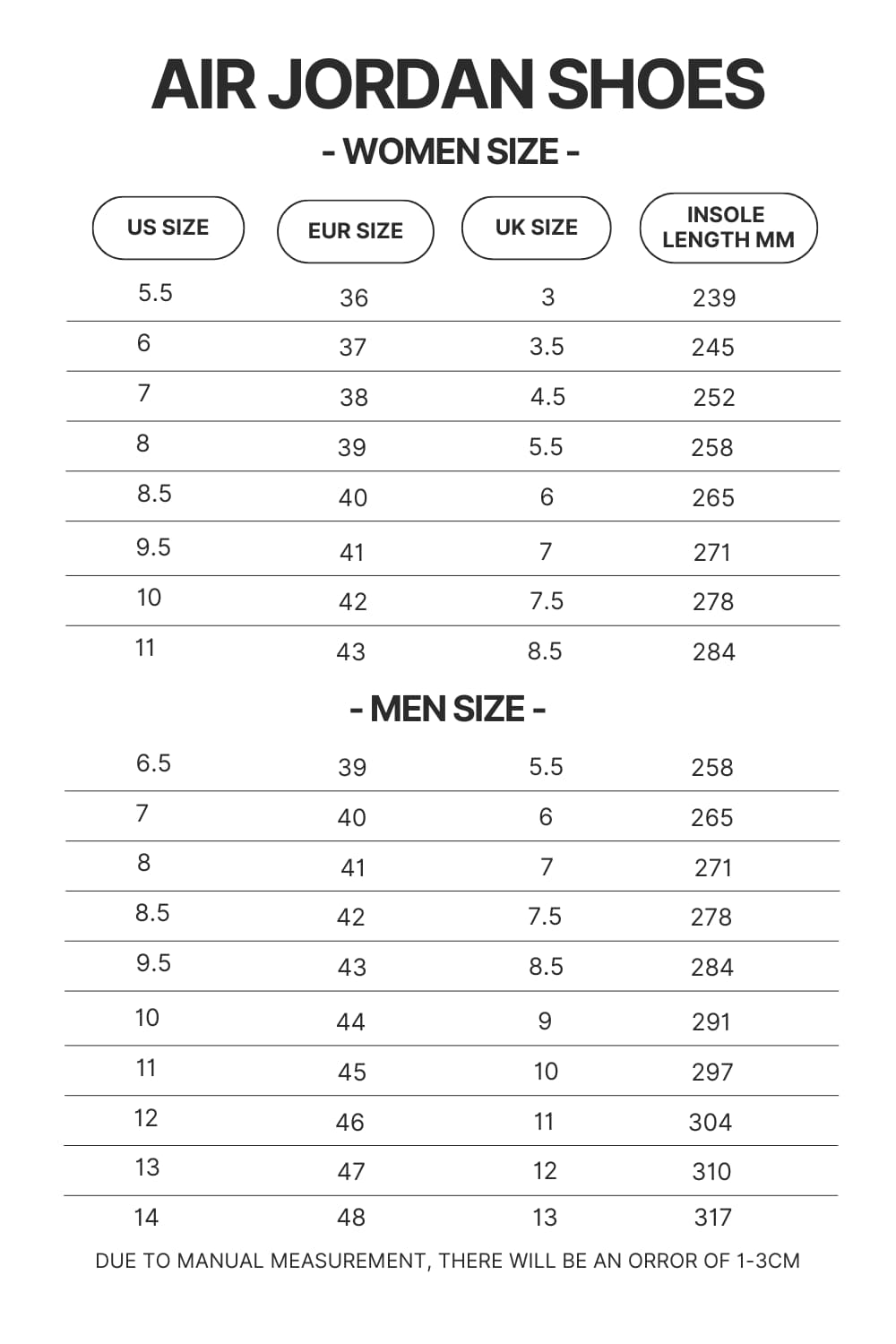 Air Jordan Shoes Size Chart - Demon Slayer Store