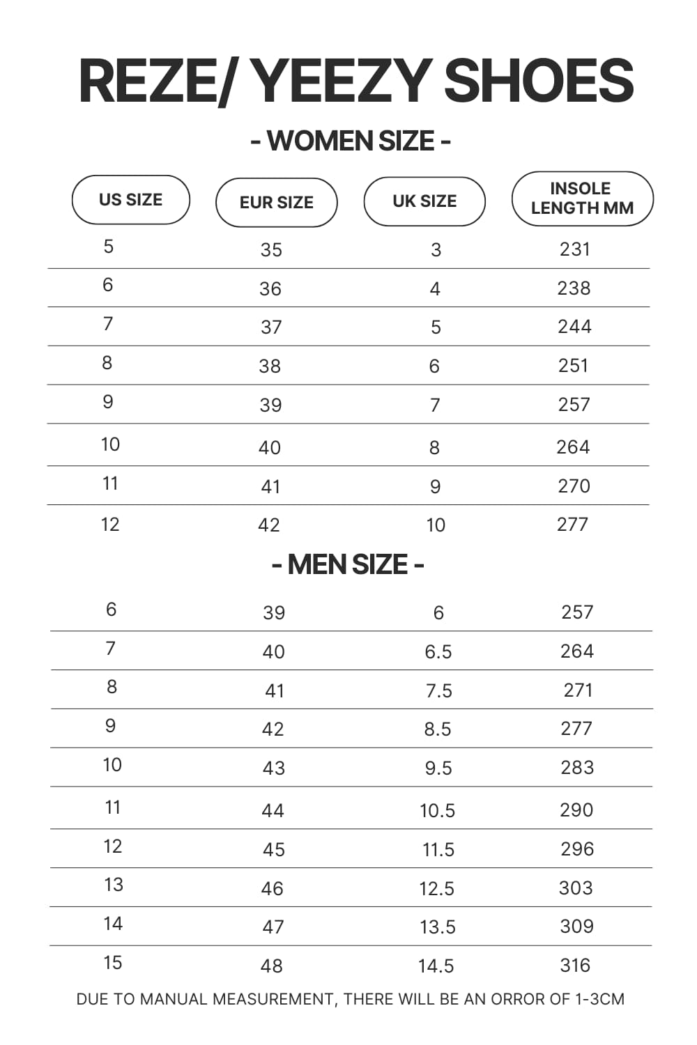 Reze Yeezy Shoes Size Chart - Demon Slayer Store