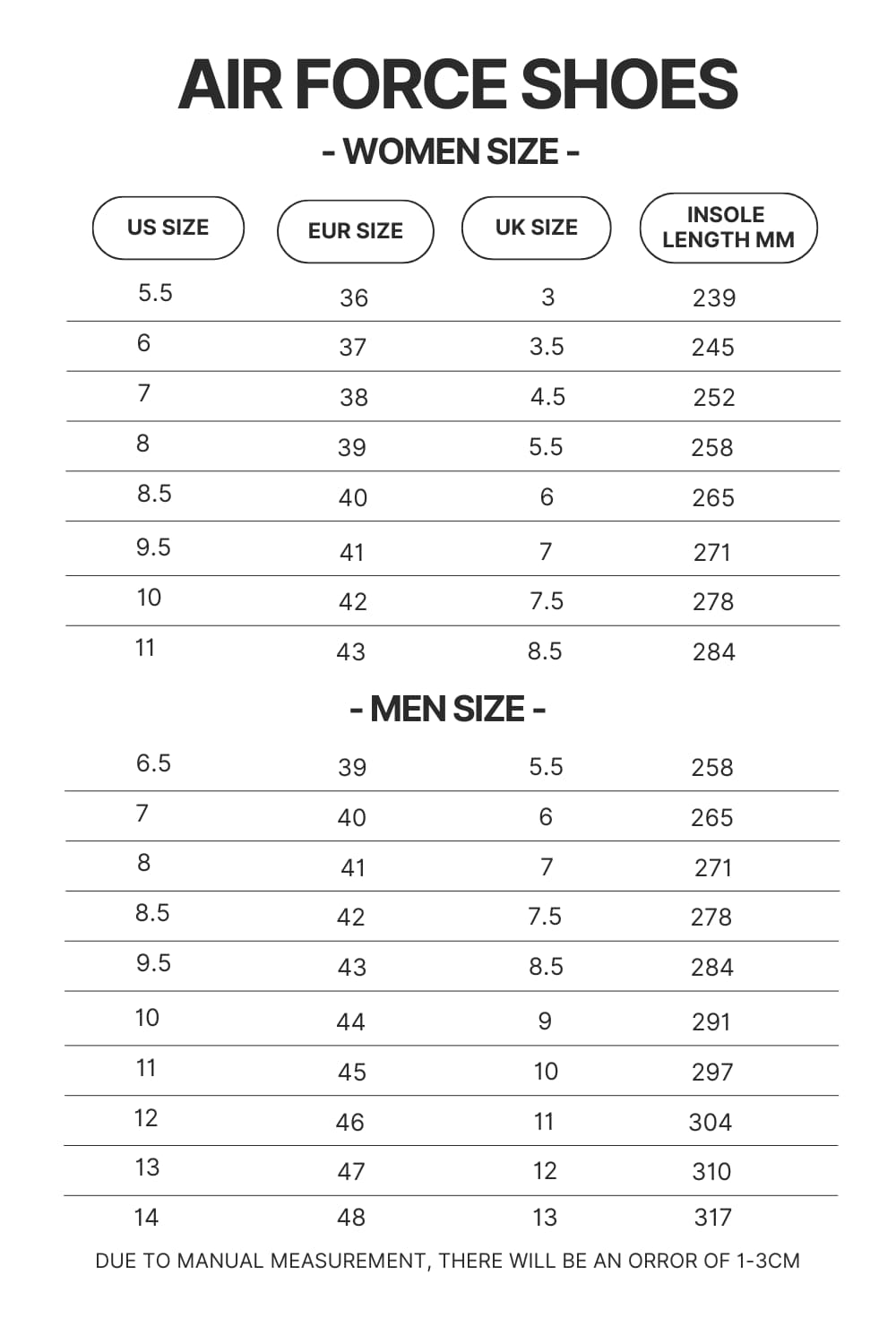 Air Force Shoes Size Chart - Demon Slayer Store
