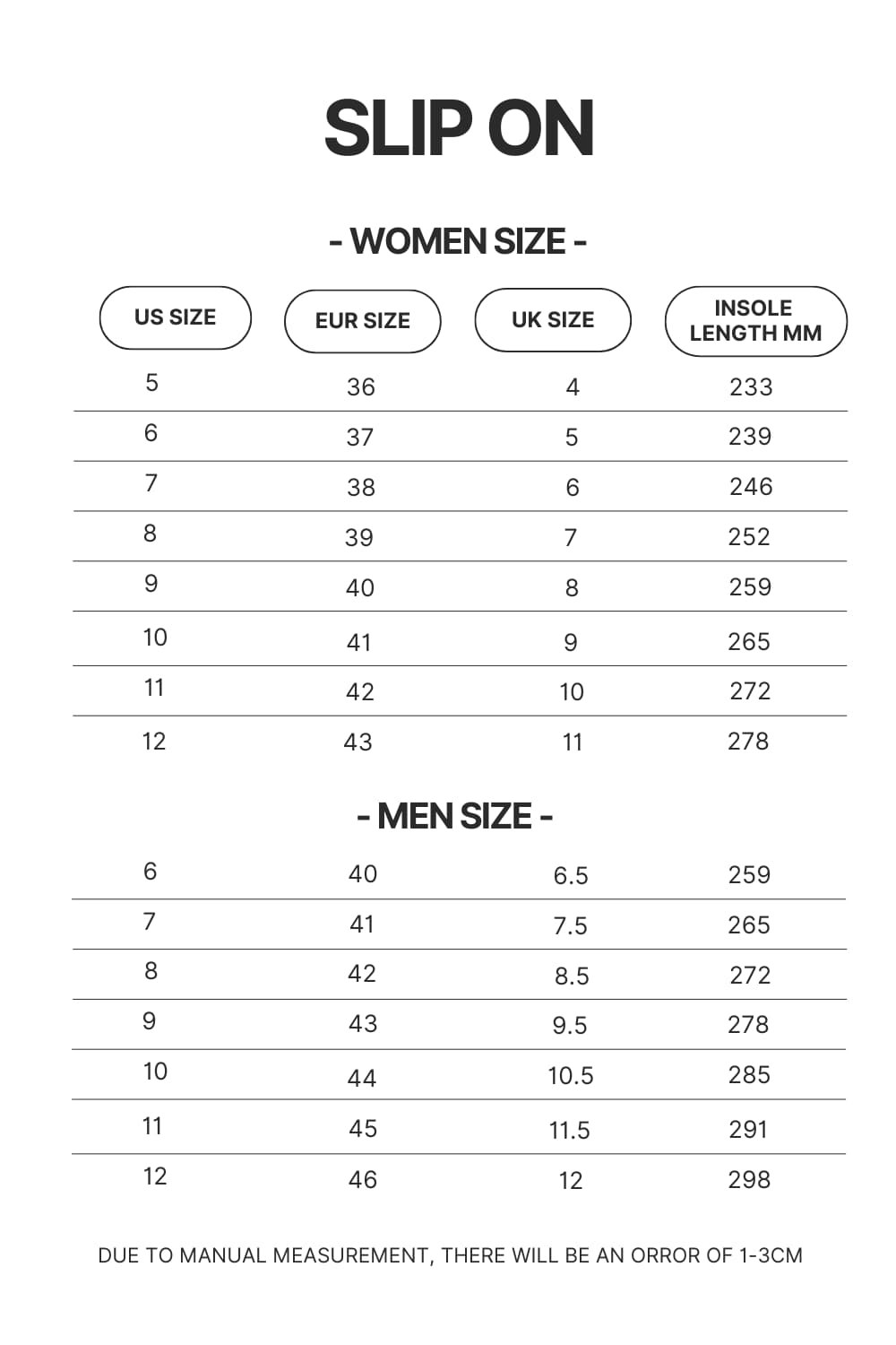 Product size chart