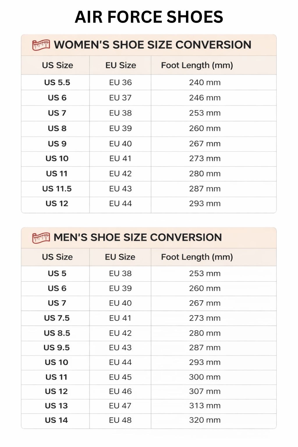 Air Force Shoes Size Chart - Demon Slayer Store