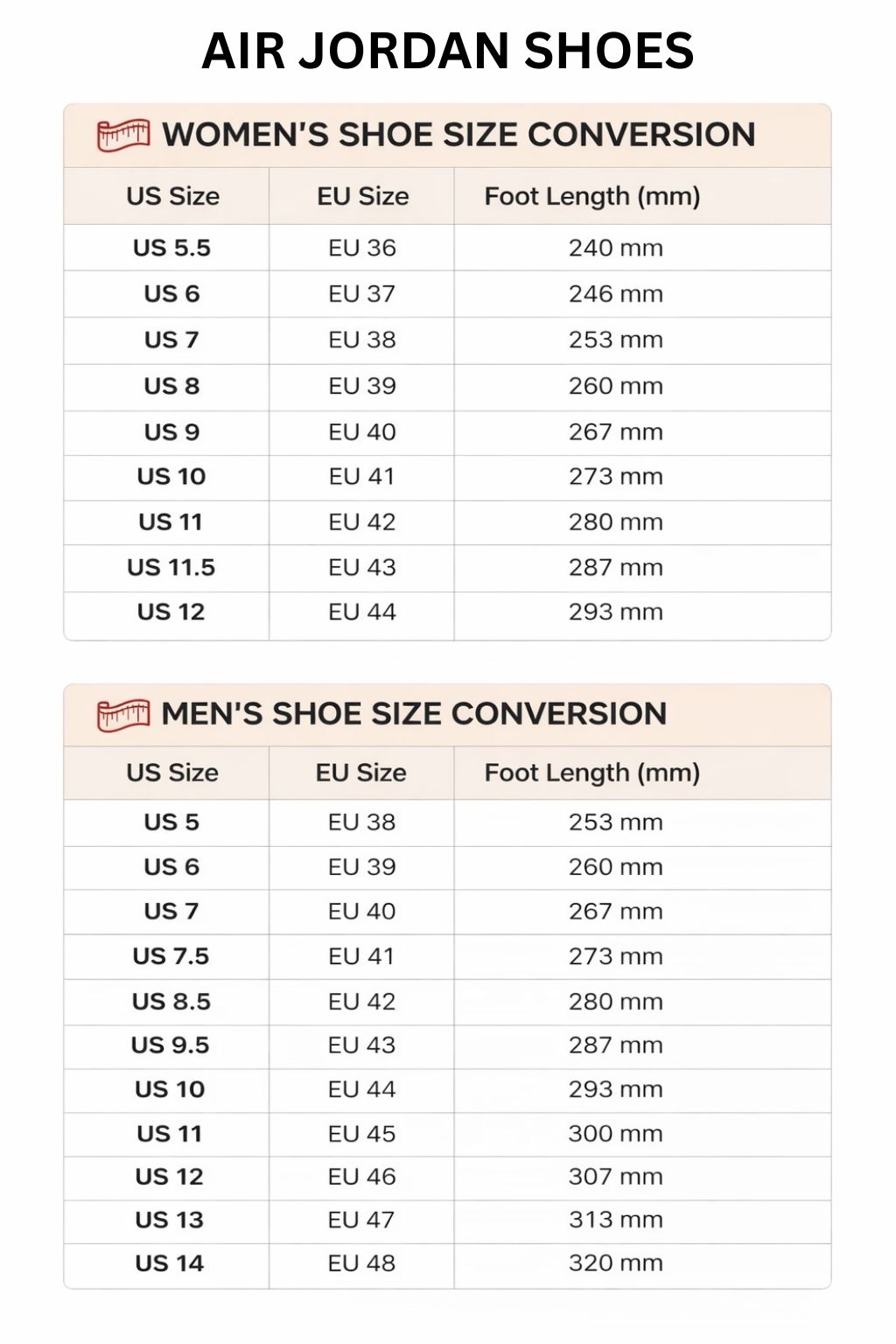 Air Jordan High Low Top Shoes Size Chart - Demon Slayer Store