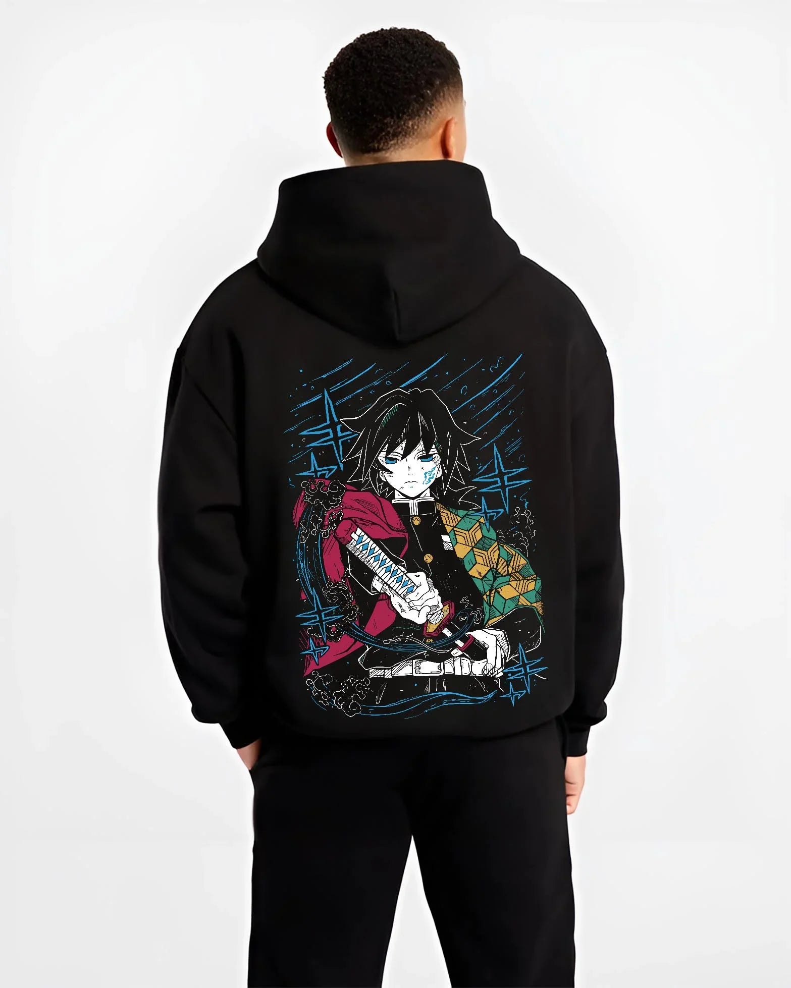 GIYUPG B.black hoodie male back view - Demon Slayer Store