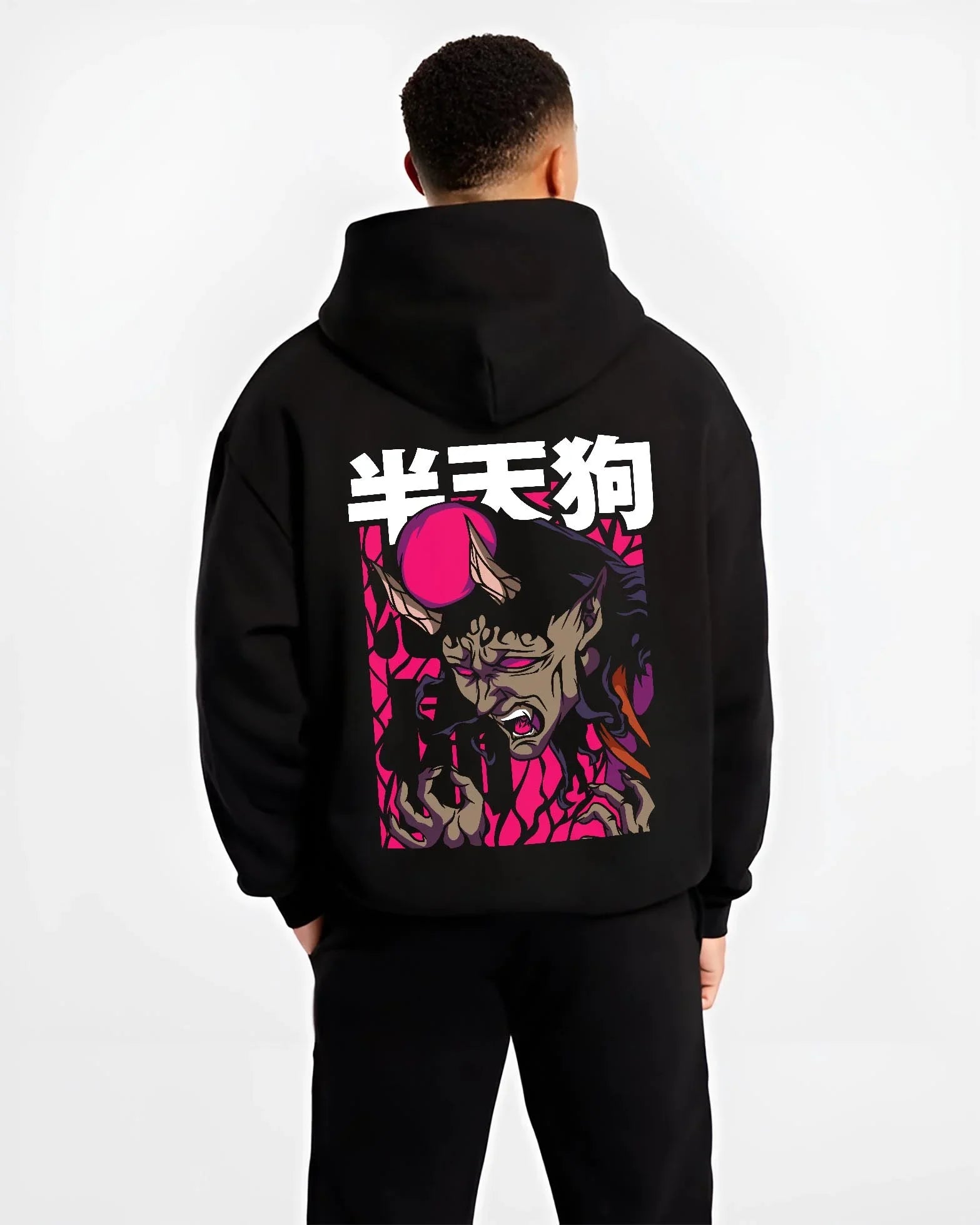 HANTEN4 B.black hoodie male back view - Demon Slayer Store