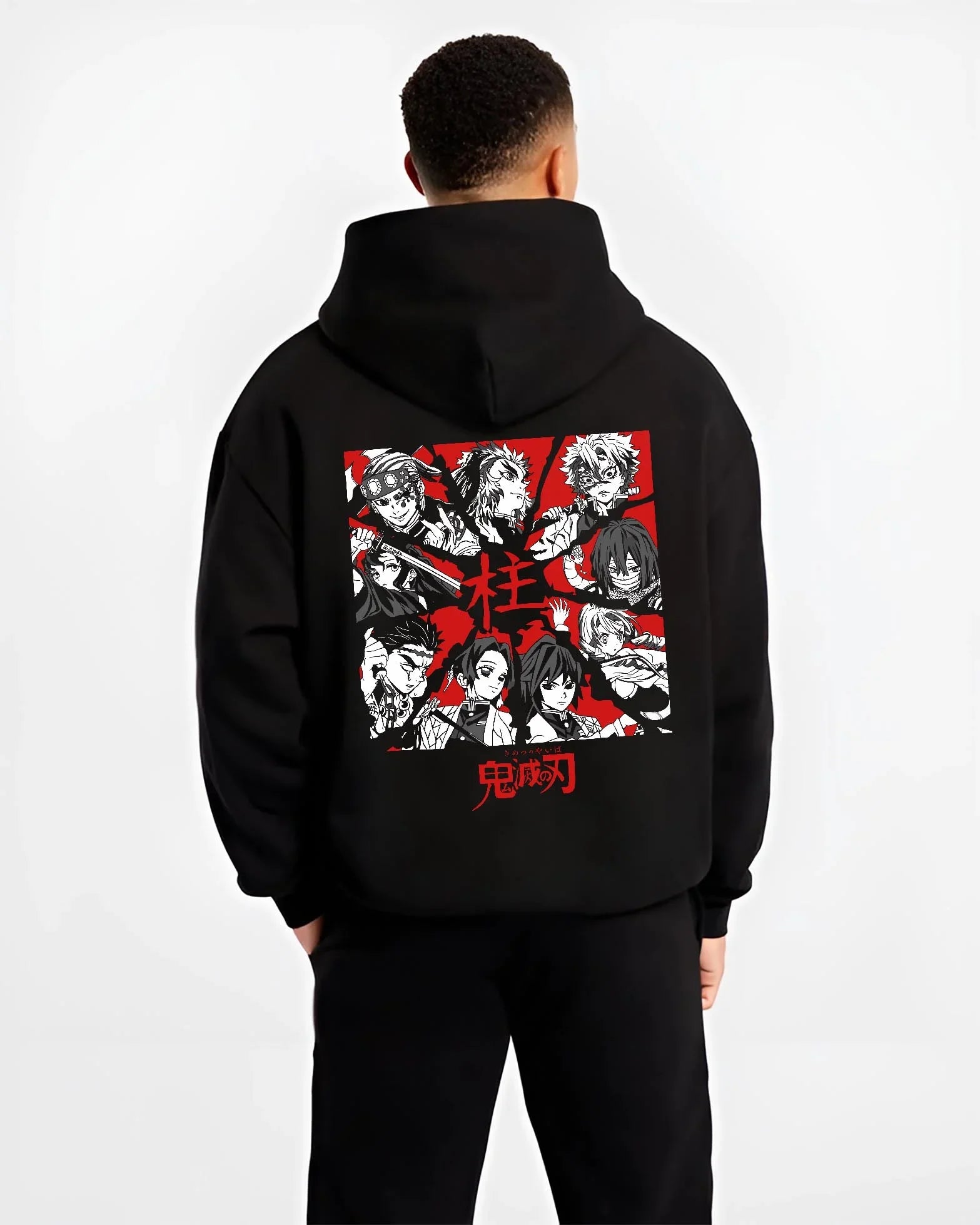 HSHRA28 B.black hoodie male back view - Demon Slayer Store