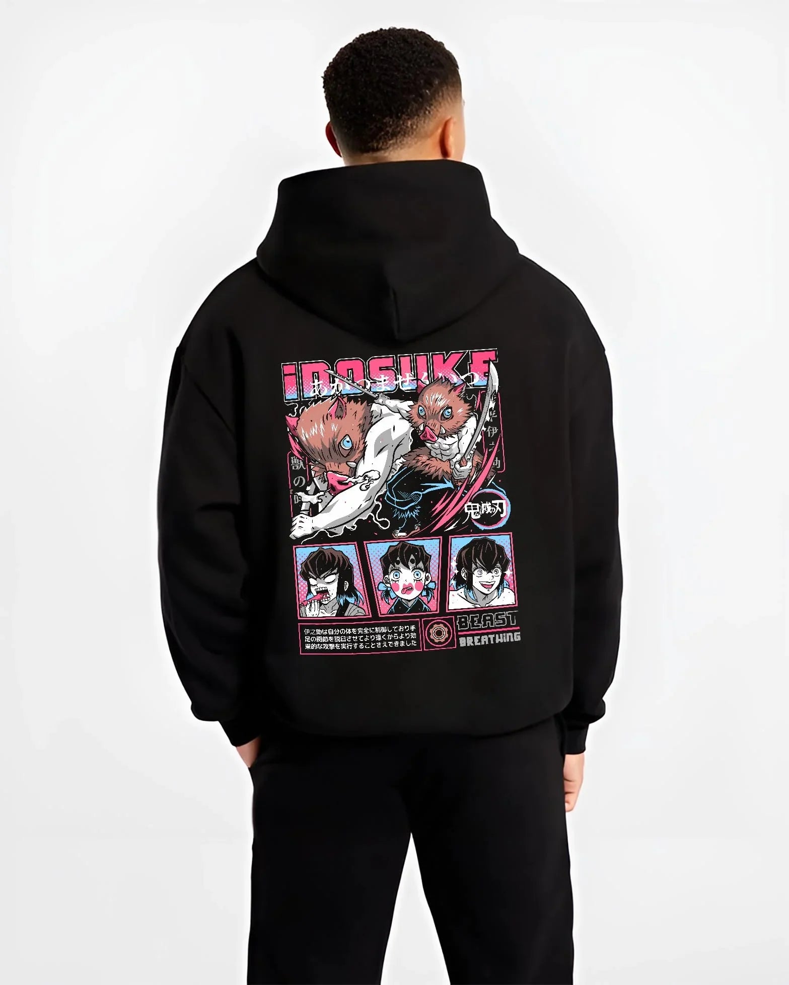 INOMNT B.black hoodie male back view - Demon Slayer Store