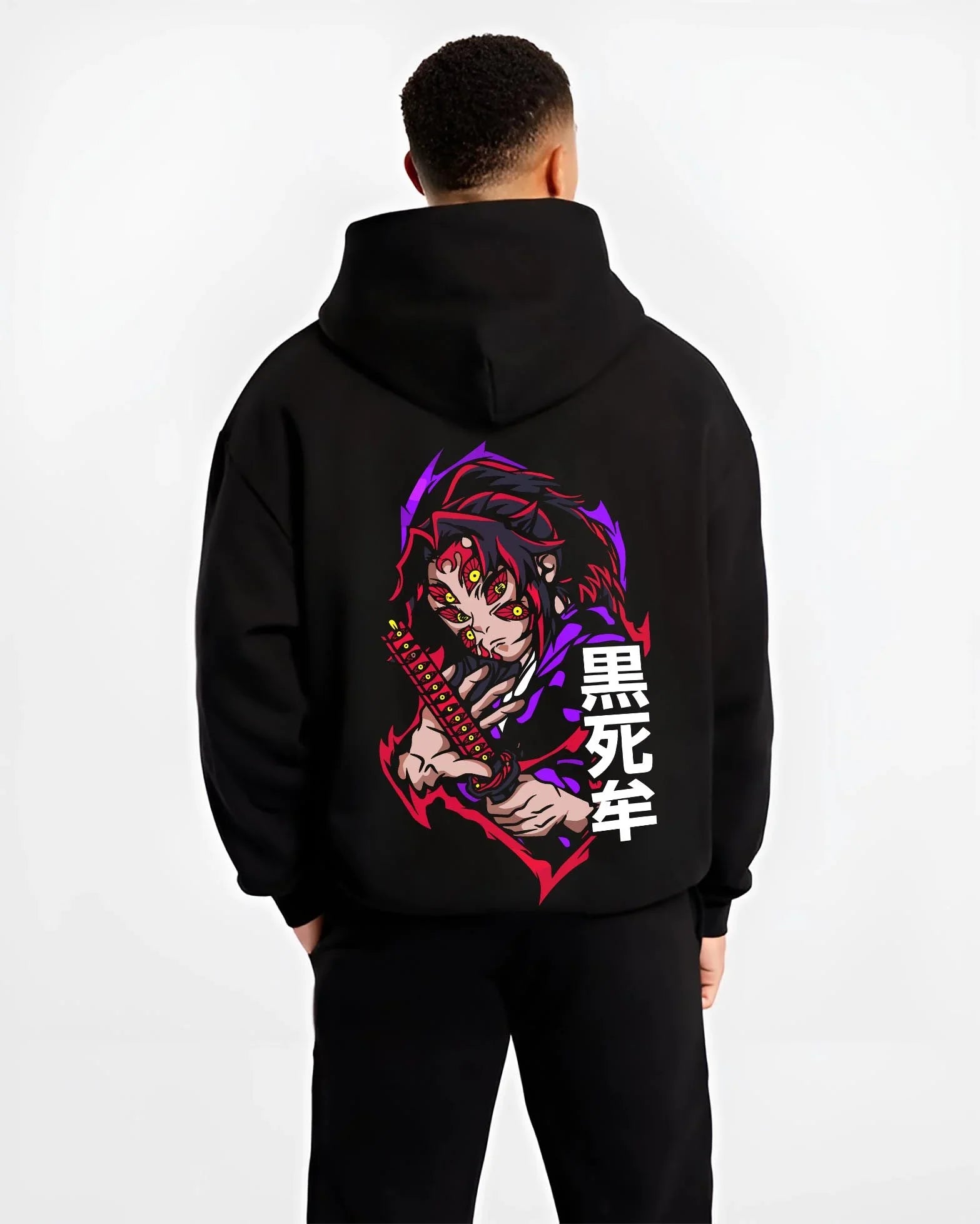 SWDMSR8 B.black hoodie male back view - Demon Slayer Store