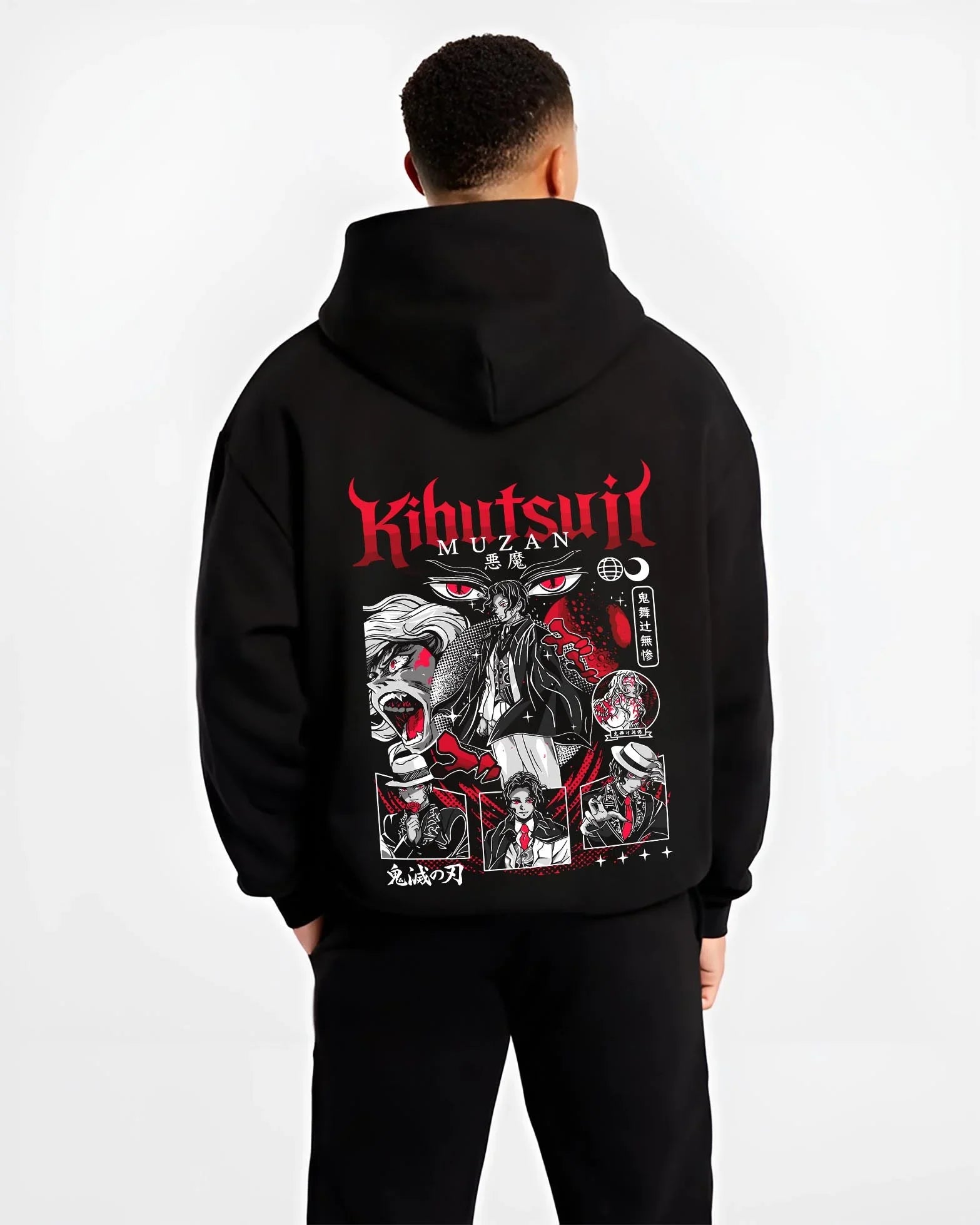 TRNSMUZ B.black hoodie male back view - Demon Slayer Store