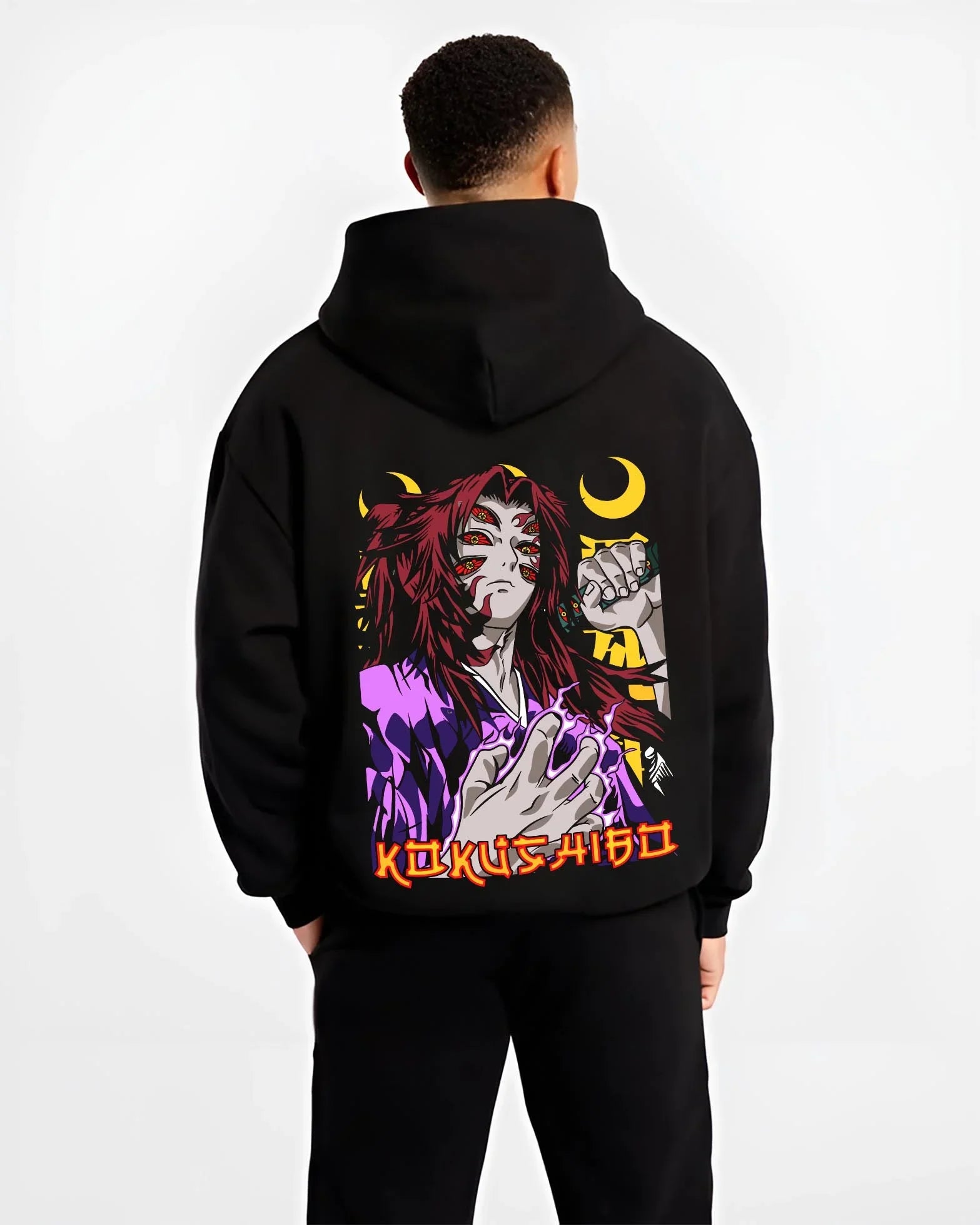 TWINMUN B.black hoodie male back view - Demon Slayer Store