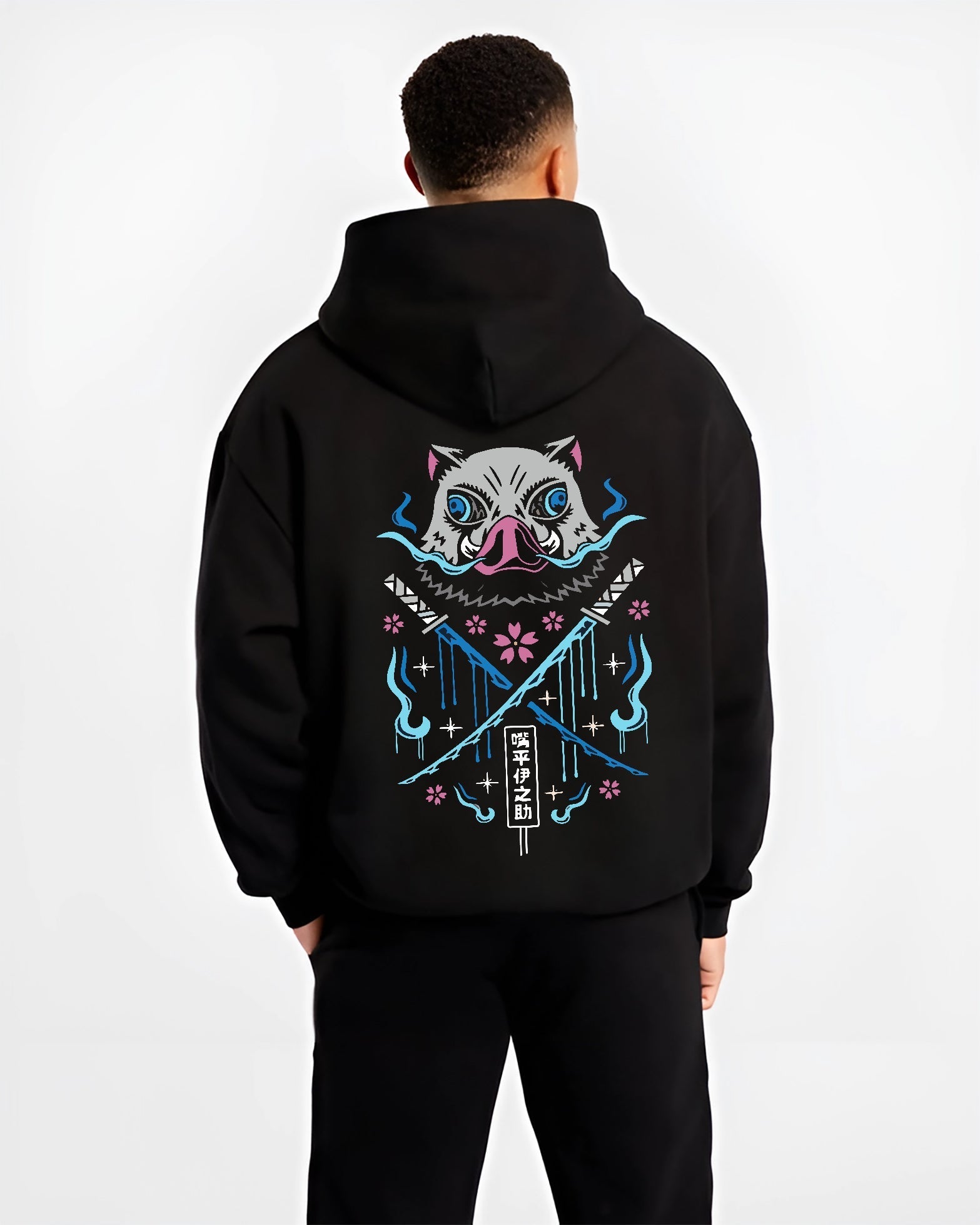inosuke demon slayer black hoodie male back view - Demon Slayer Store