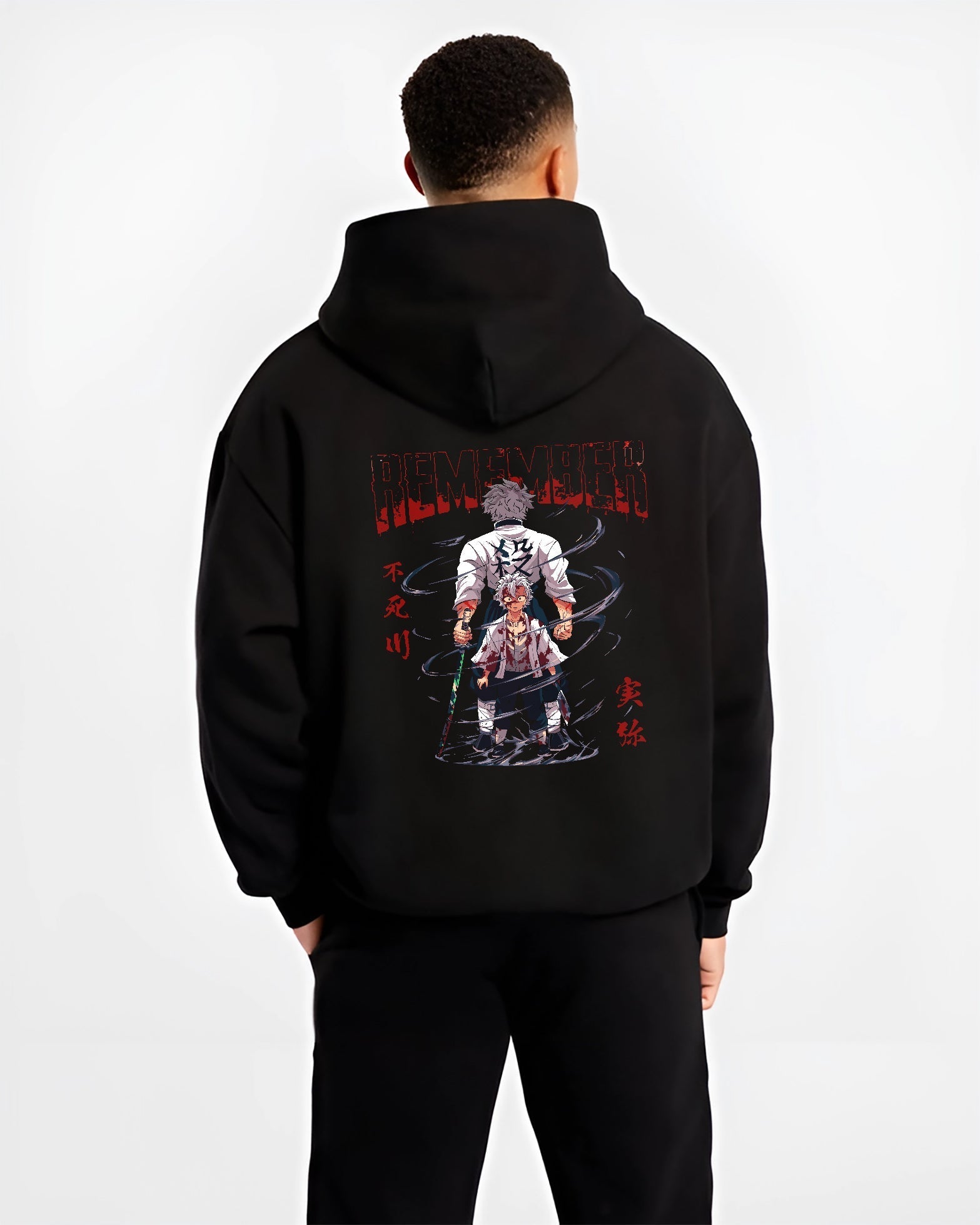 sanemi demon slayer black hoodie male back view - Demon Slayer Store